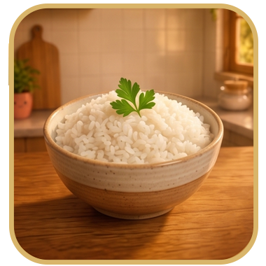 Ícone em 3D de uma tigela de cerâmica rústica cheia de arroz branco soltinho e perfumado com salsa, representando a categoria de Acompanhamentos da Cozinha da Dumont.