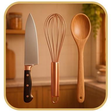 Ícone em 3D de uma cebola amarela inteira ao lado de uma faca de chef de aço inoxidável, ilustrando a categoria Dicas e Truques da Cozinha da Dumont para facilitar o preparo.