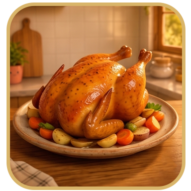 Ícone em 3D de um suculento frango assado inteiro em travessa de cerâmica rústica com legumes, representando a categoria de Pratos Principais da Cozinha da Dumont.