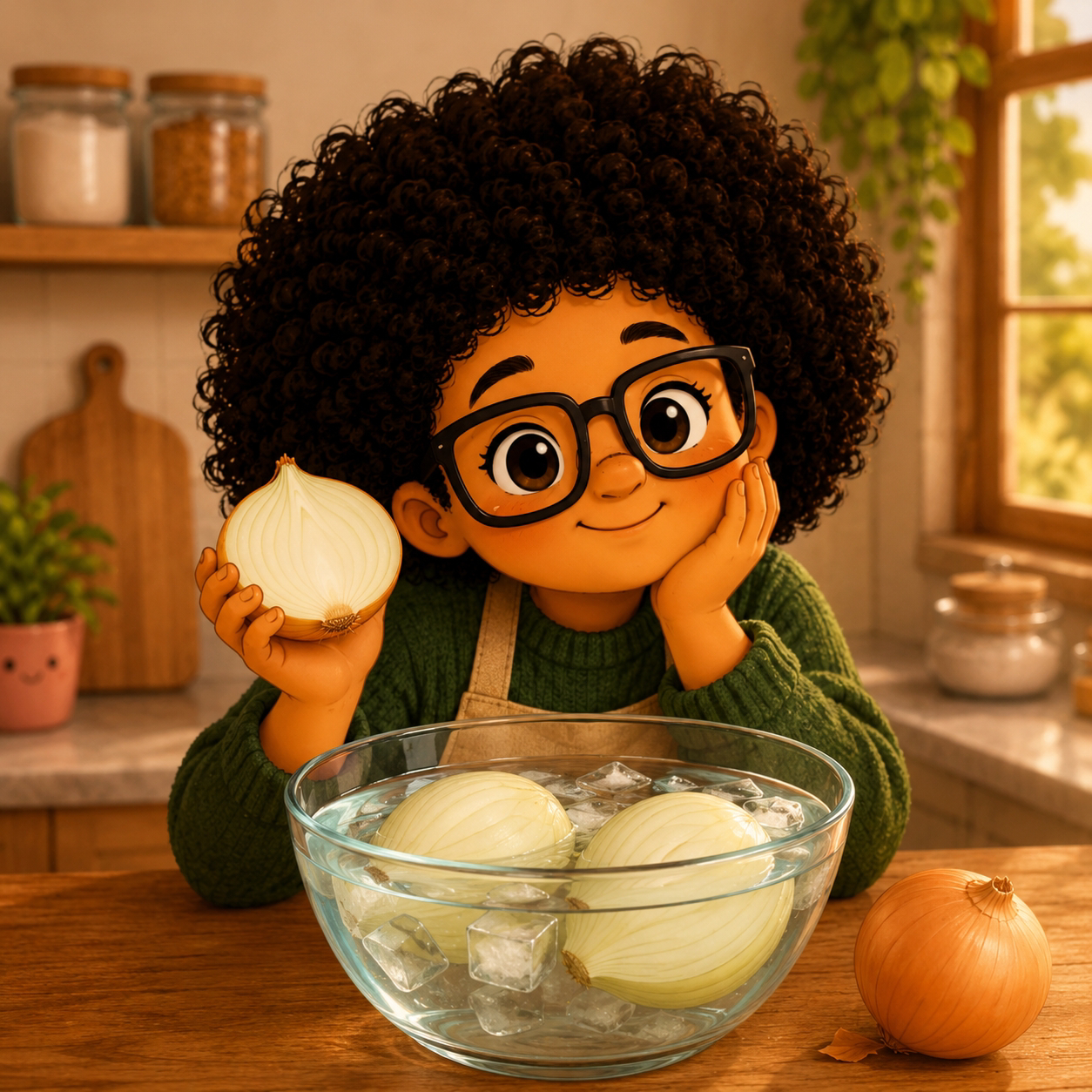 Ilustração 3D da Bruna da Cozinha da Dumont sorrindo e segurando meia cebola na mão. À frente dela, sobre uma mesa de madeira, há uma tigela redonda de vidro com água, cubos de gelo e metades de cebola mergulhadas, demonstrando o truque para não chorar.